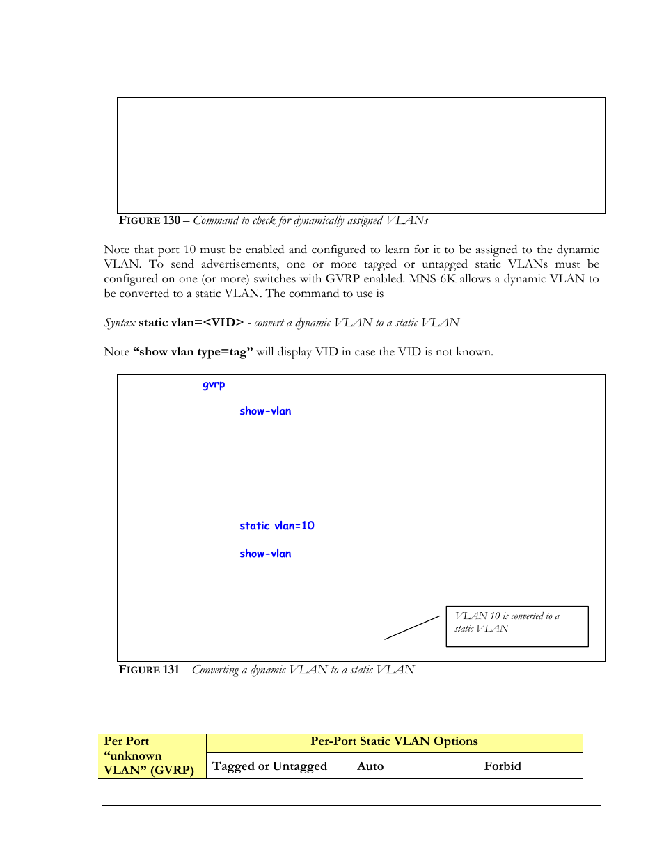 Igure, Command to check for dynamically assigned vlans, Converting a dynamic vlan to a static vlan | GarrettCom MNS-6K 4.1.4 User Manual | Page 235 / 364