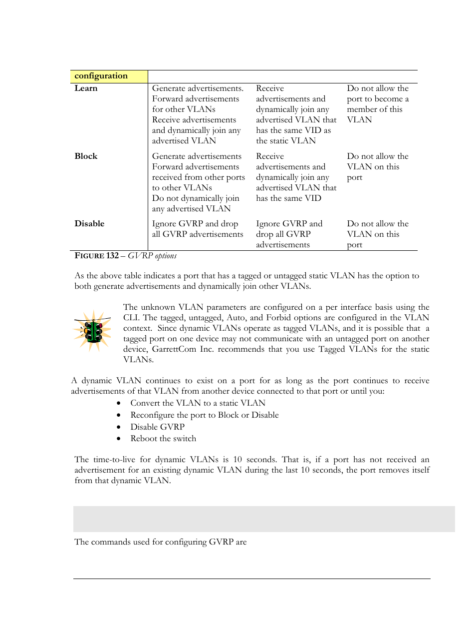 Configuring gvrp, Igure, Gvrp options | GarrettCom MNS-6K 4.1.4 User Manual | Page 236 / 364