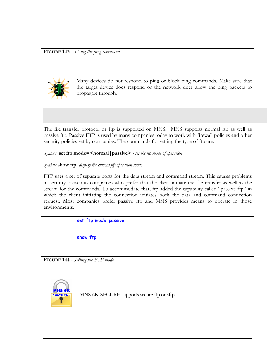 Ftp modes, Igure, Using the ping command | Setting the ftp mode, Ftp m, Odes | GarrettCom MNS-6K 4.1.4 User Manual | Page 272 / 364