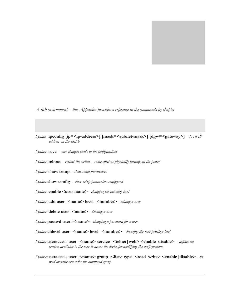 Appendix 1 - command listing by chapter, Chapter 2 – getting started | GarrettCom MNS-6K 4.1.4 User Manual | Page 282 / 364