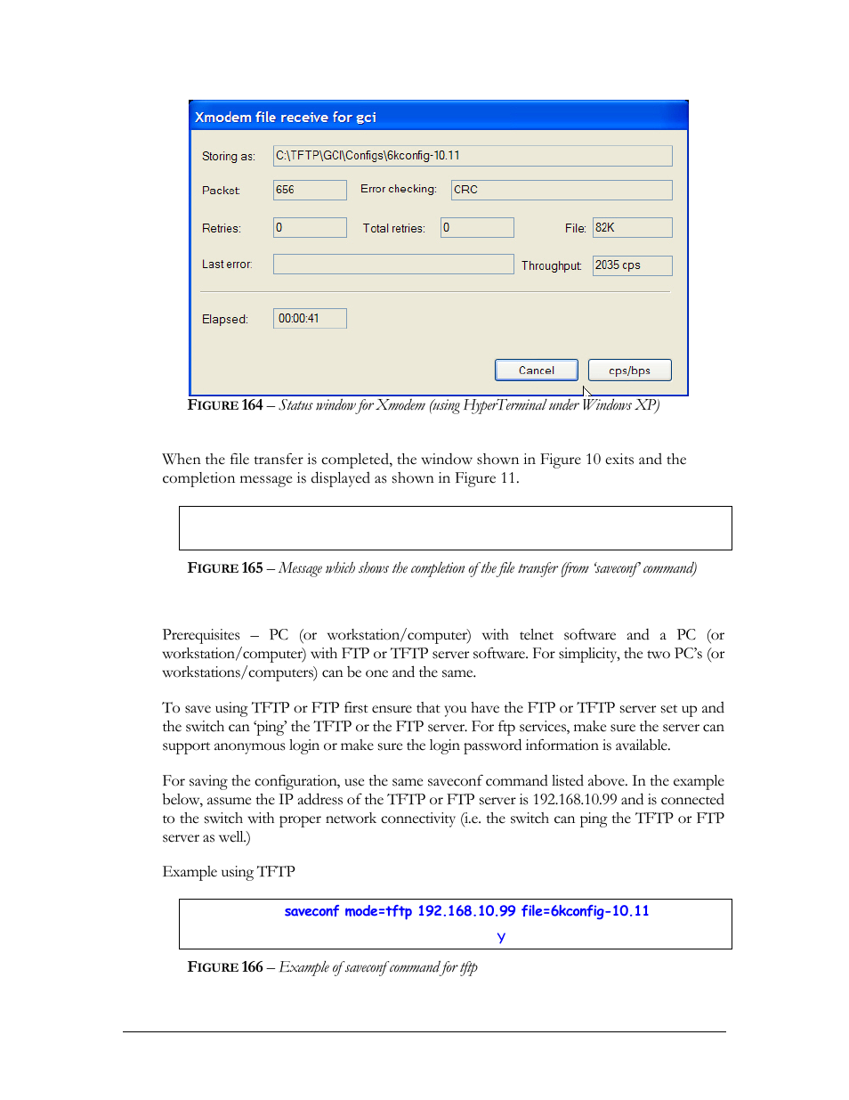 Network access, Igure, 166 – example of saveconf command for tftp | GarrettCom MNS-6K 4.1.4 User Manual | Page 347 / 364