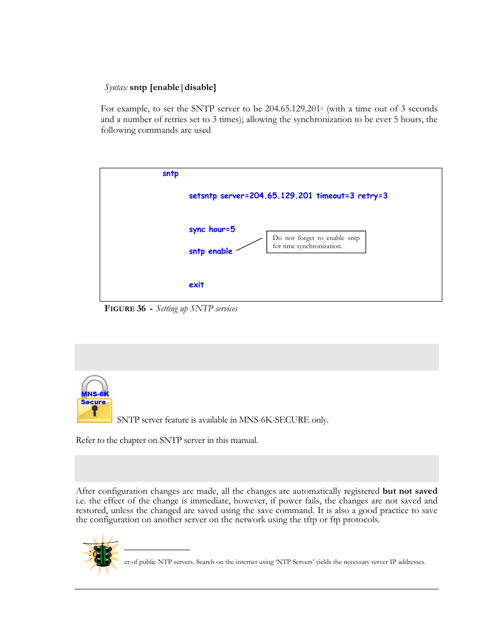 Network time (sntp server), Saving and loading configuration, Igure | Setting up sntp services | GarrettCom MNS-6K 4.1.4 User Manual | Page 55 / 364