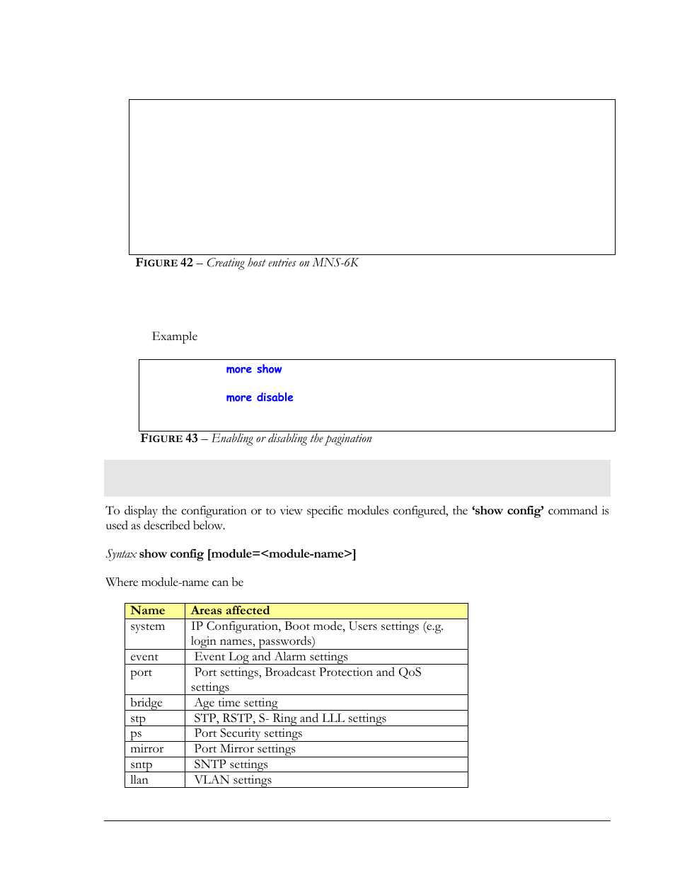 Displaying configuration, Igure, 42 – creating host entries on mns-6k | GarrettCom MNS-6K 4.1.4 User Manual | Page 63 / 364