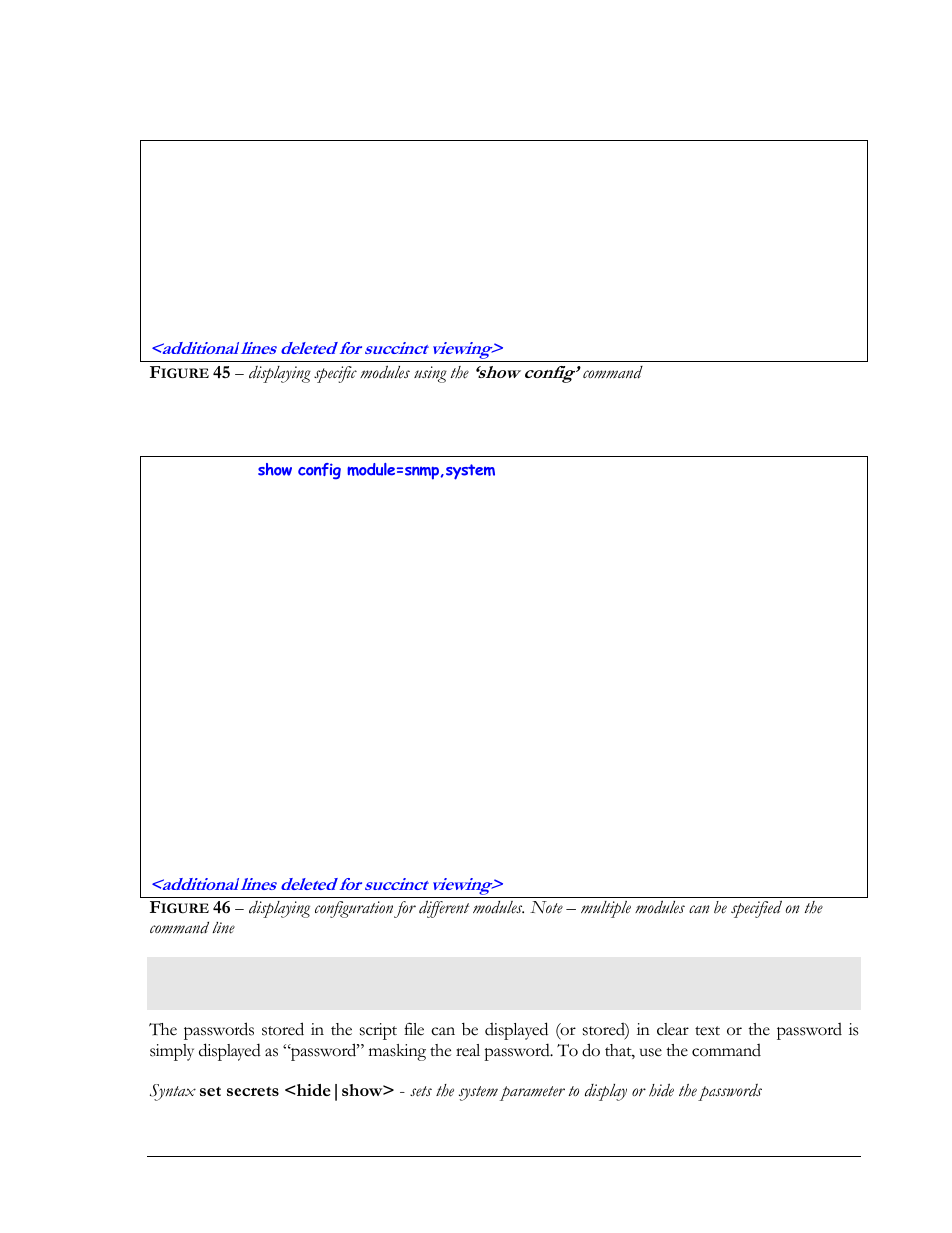 Displaying or hiding passwords, Igure, 45 – displaying specific modules using the | Show config, Command, Specified on the command line | GarrettCom MNS-6K 4.1.4 User Manual | Page 65 / 364