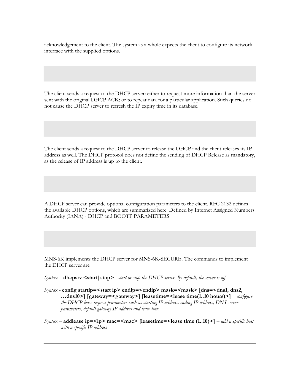 Dhcp information, Dhcp release, Client configuration | Mns-6k-secure implementation | GarrettCom MNS-6K 4.1.4 User Manual | Page 82 / 364