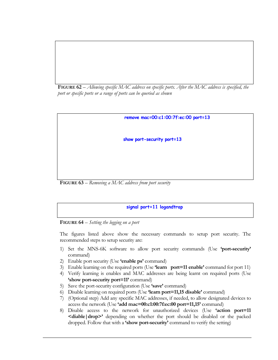 Igure, 63 – removing a mac address from port security, 64 – setting the logging on a port | GarrettCom MNS-6K 4.1.4 User Manual | Page 95 / 364