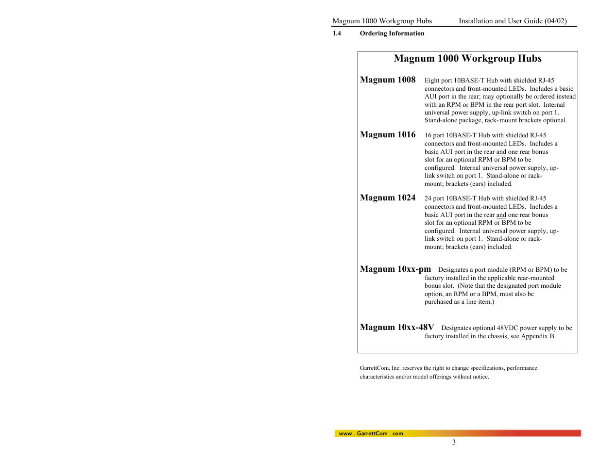 Magnum 1000 workgroup hubs | GarrettCom 1008 User Manual | Page 9 / 44