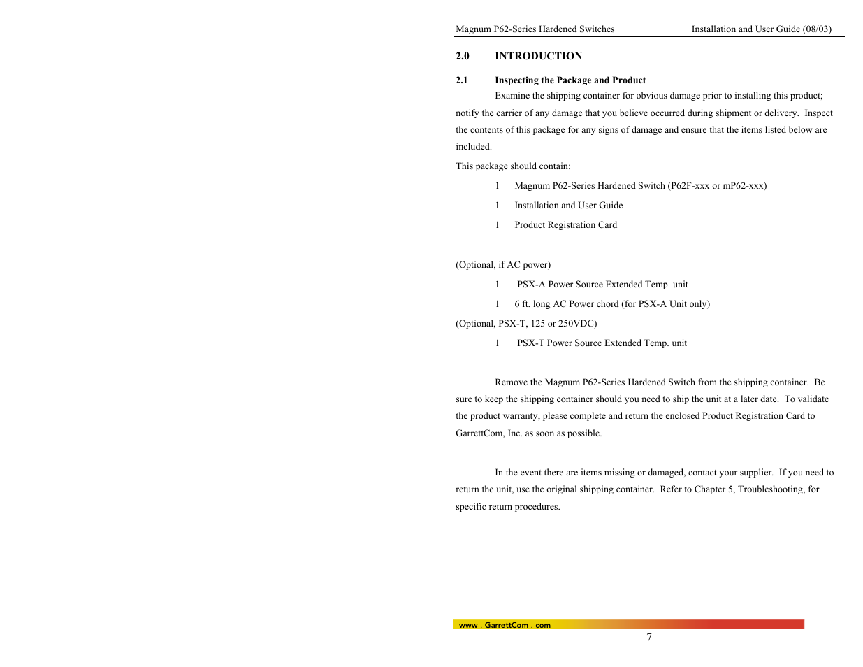 0introduction, 1inspecting the package and product | GarrettCom P62-Series User Manual | Page 11 / 37