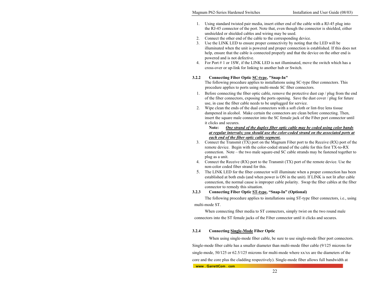 2connecting fiber optic sc-type, "snap-in, 3connecting fiber optic st-type, “snap-in, 4connecting single-mode fiber optic | GarrettCom P62-Series User Manual | Page 26 / 37
