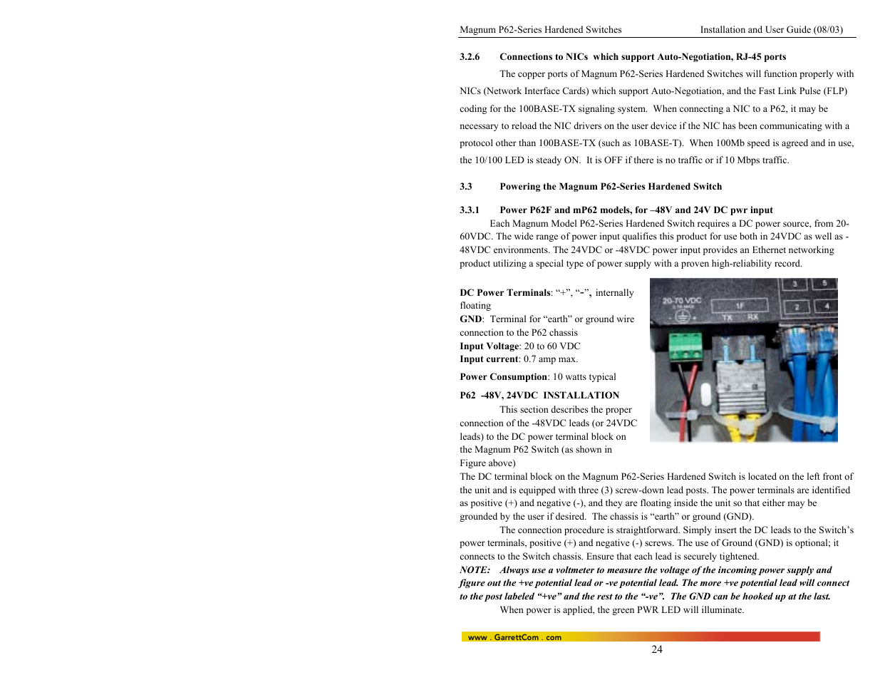3powering the magnum p62-series hardened switch, 1power p62f and mp62 models, for –48v and 24v | GarrettCom P62-Series User Manual | Page 28 / 37