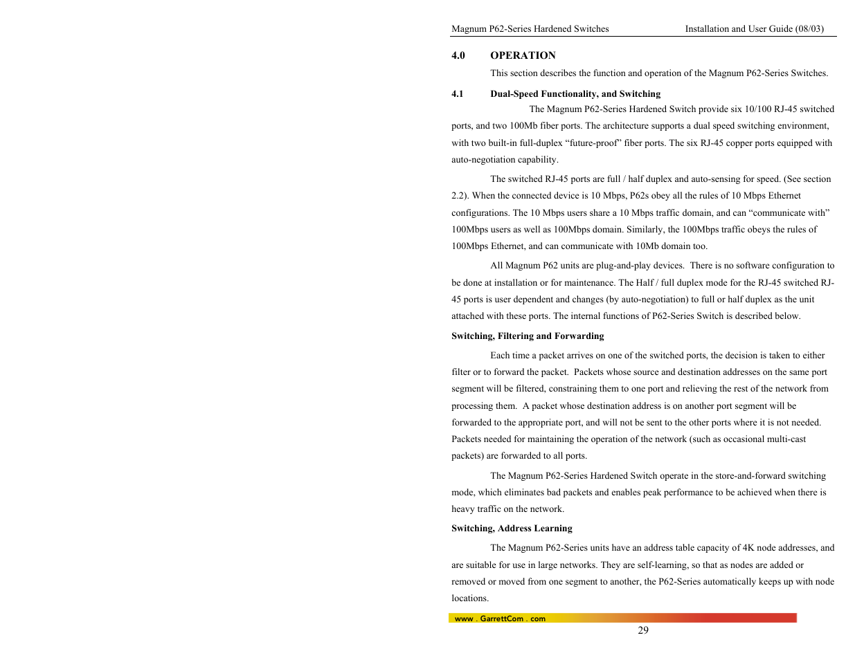 Operation, 1dual-speed functionality, and switching | GarrettCom P62-Series User Manual | Page 33 / 37