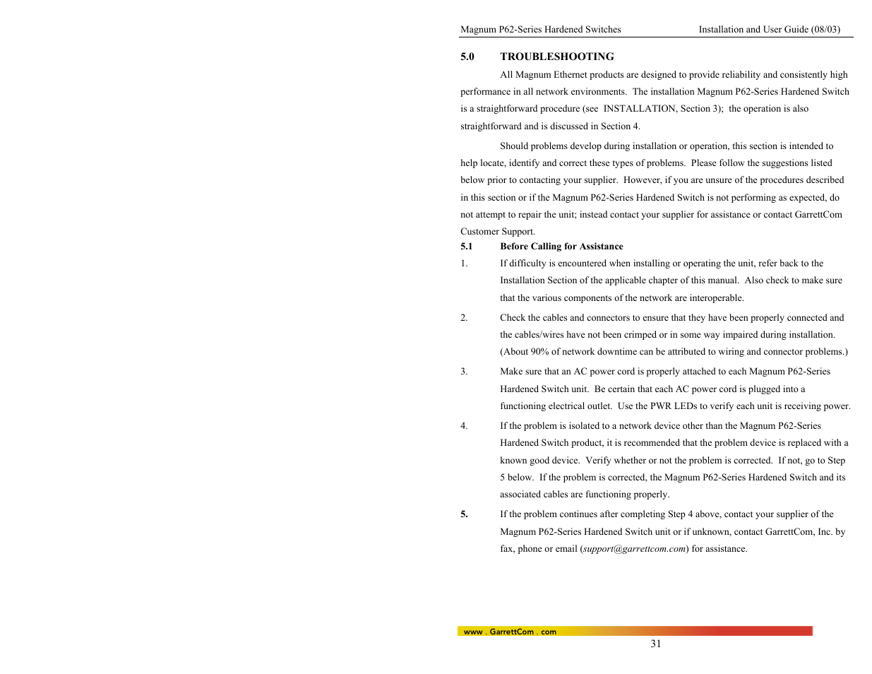 0troubleshooting, 1before calling for assistance | GarrettCom P62-Series User Manual | Page 35 / 37
