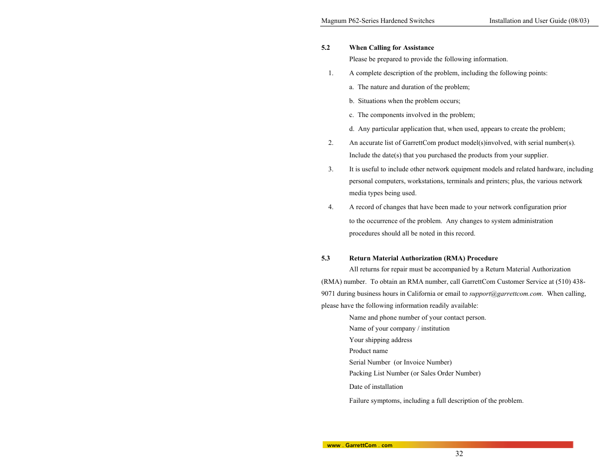 2when calling for assistance, 3return material authorization (rma) procedure | GarrettCom P62-Series User Manual | Page 36 / 37