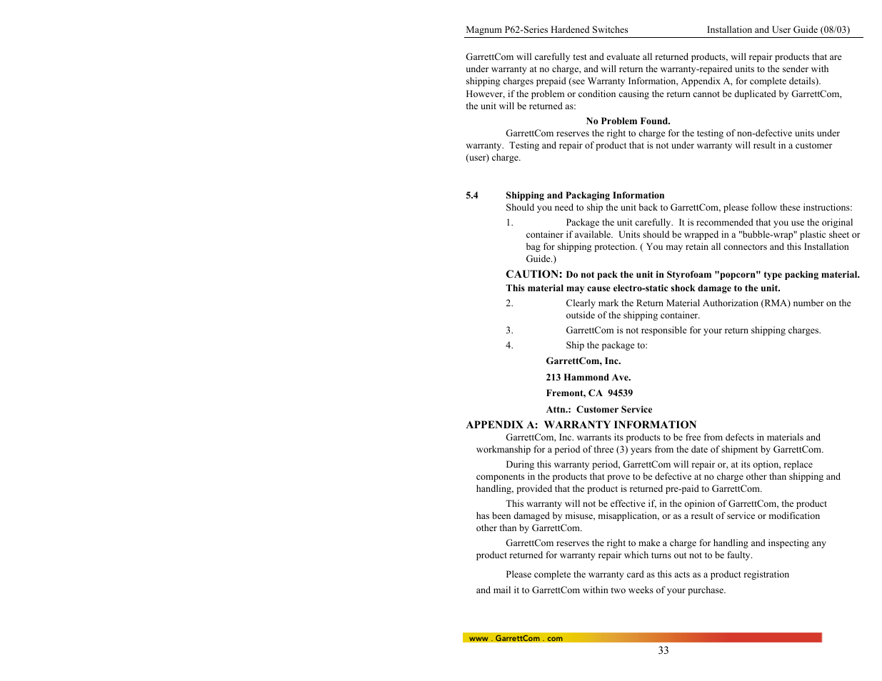 4shipping and packaging information, Appendix a: warranty information | GarrettCom P62-Series User Manual | Page 37 / 37