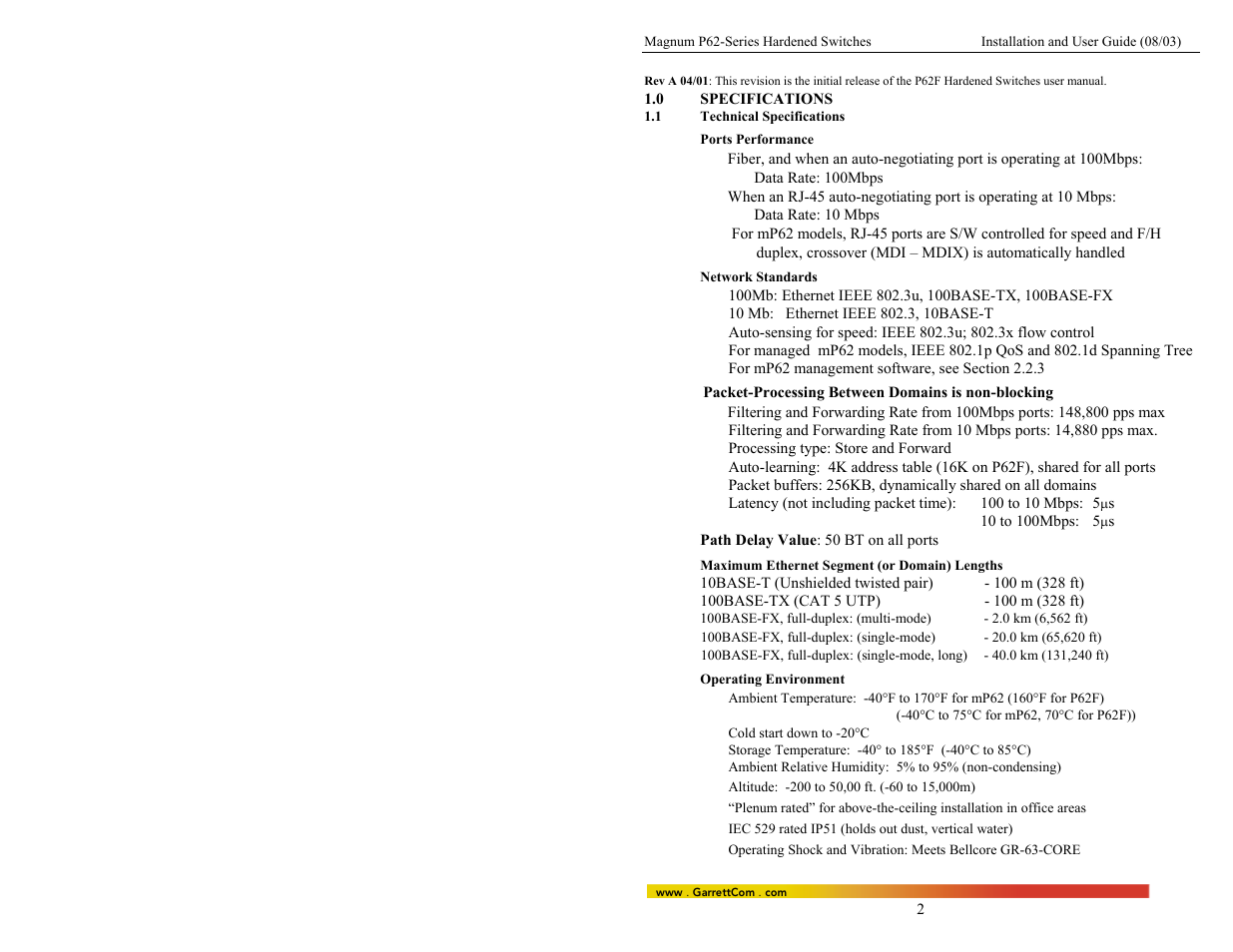 0specifications, 1technical specifications | GarrettCom P62-Series User Manual | Page 6 / 37