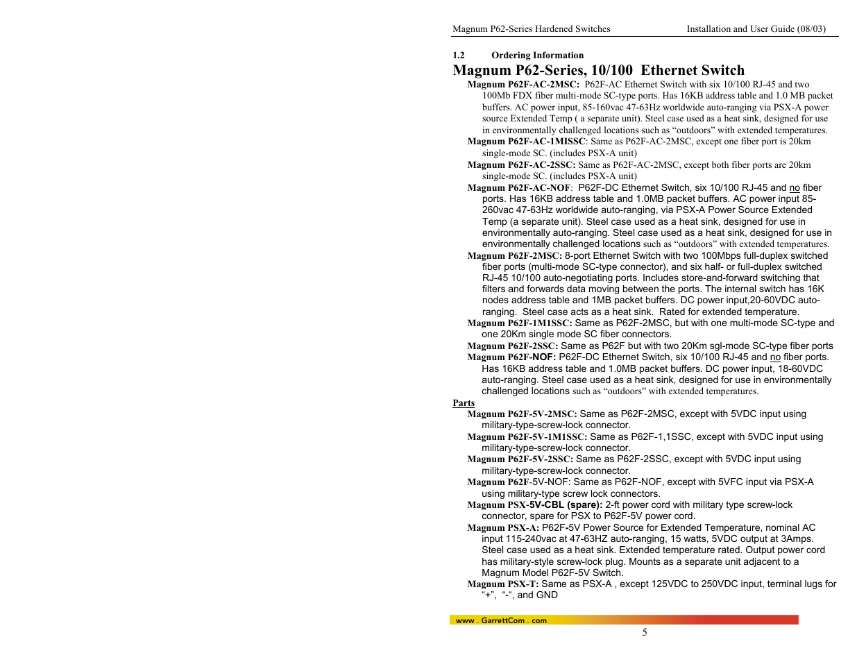 2ordering information | GarrettCom P62-Series User Manual | Page 9 / 37