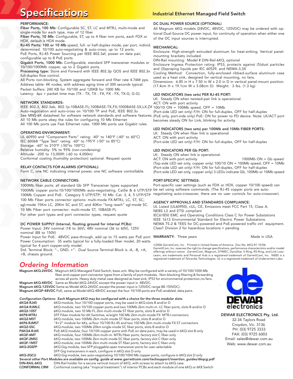 Specifications, Ordering information, Industrial ethernet managed field switch | GarrettCom Magnum 6KQ User Manual | Page 2 / 2