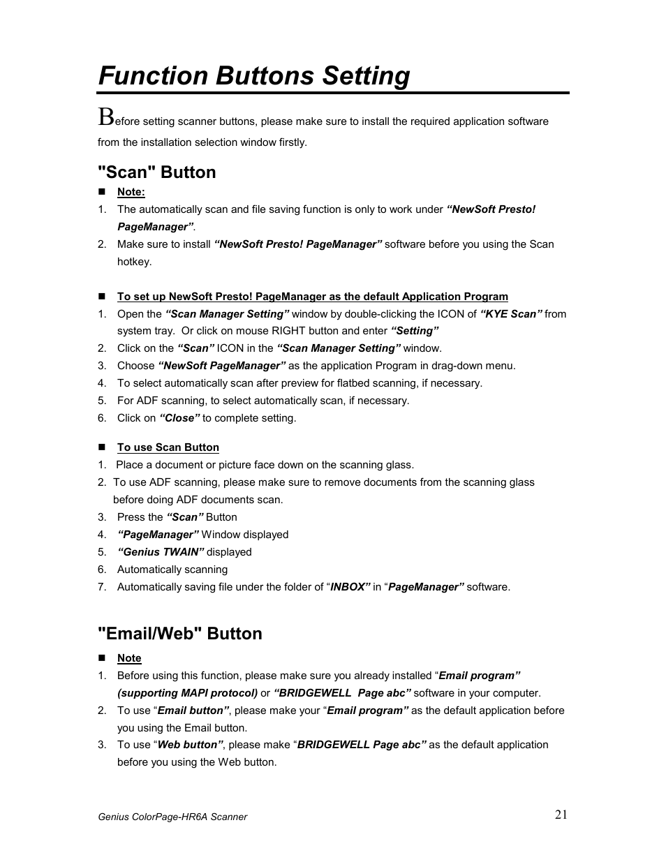 Unction, Uttons, Etting | Scan" button, Email/web" button, Function buttons setting b | GENIUS COLORPAGE HR6A User Manual | Page 23 / 33