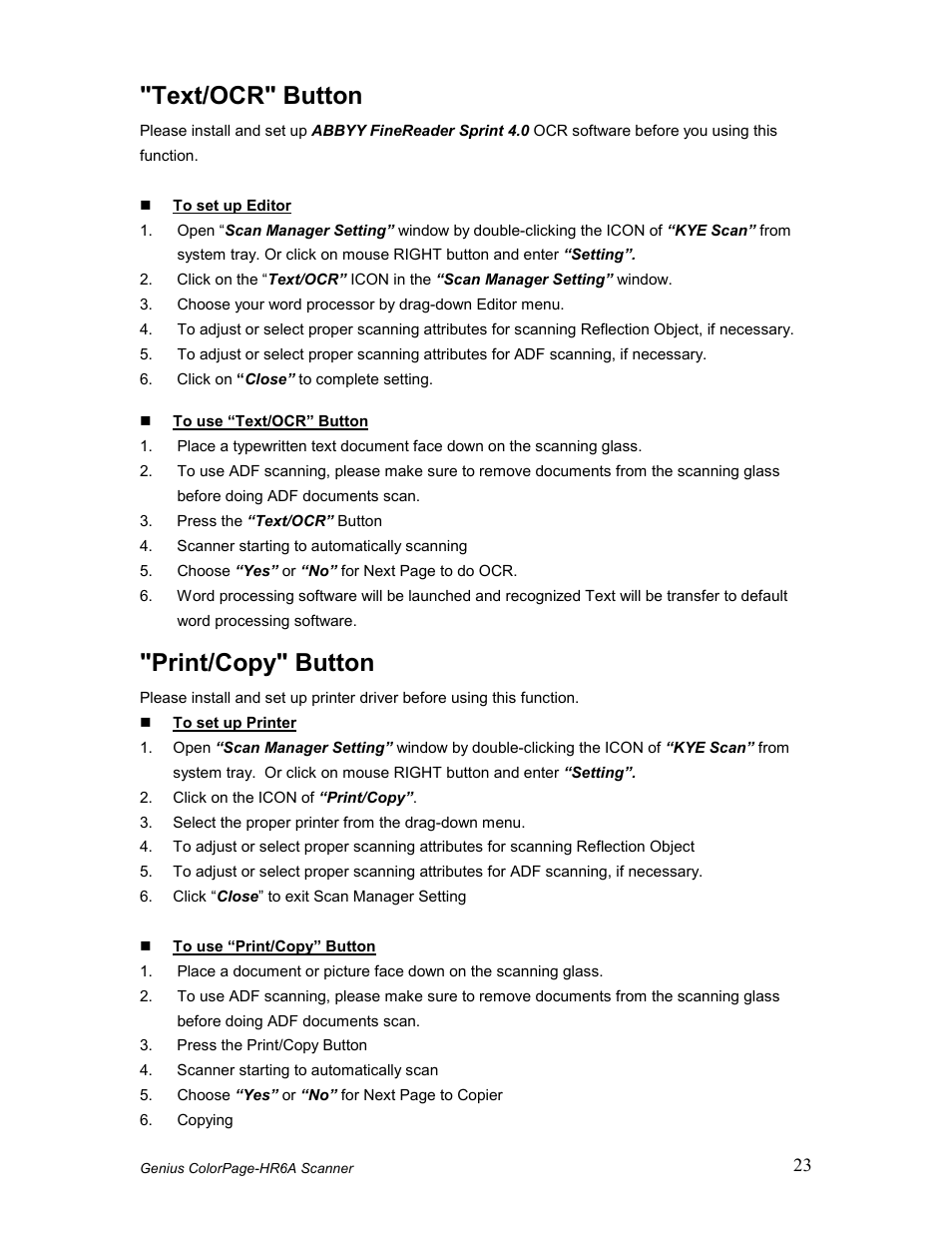 Text/ocr" button, Print/copy" button | GENIUS COLORPAGE HR6A User Manual | Page 25 / 33