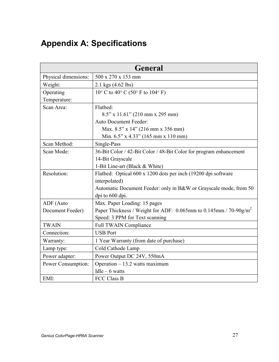 Appendix a: specifications, General | GENIUS COLORPAGE HR6A User Manual | Page 29 / 33