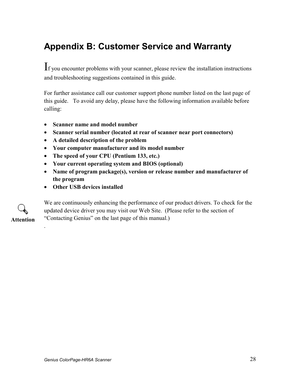 Appendix b: customer service and warranty | GENIUS COLORPAGE HR6A User Manual | Page 30 / 33