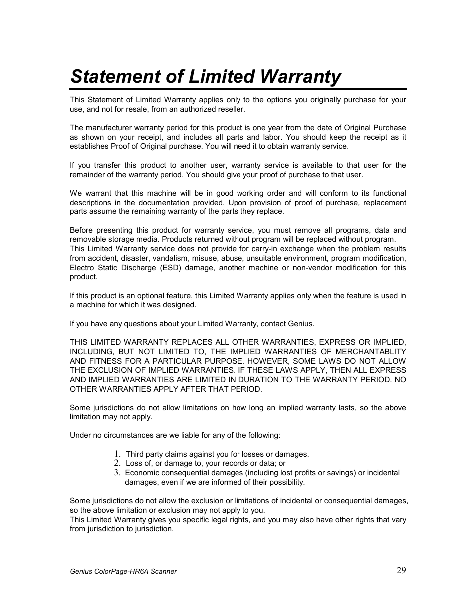 Tatement of, Imited, Arranty | Statement of limited warranty | GENIUS COLORPAGE HR6A User Manual | Page 31 / 33