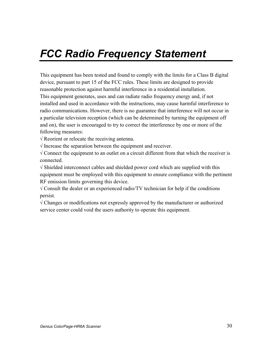 Fcc r, Adio, Requency | Tatement, Fcc radio frequency statement | GENIUS COLORPAGE HR6A User Manual | Page 32 / 33
