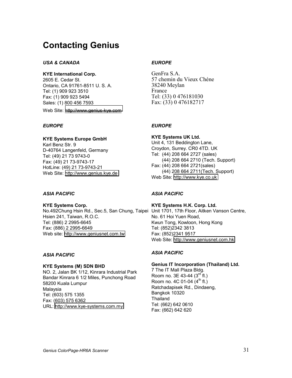 Contacting genius | GENIUS COLORPAGE HR6A User Manual | Page 33 / 33