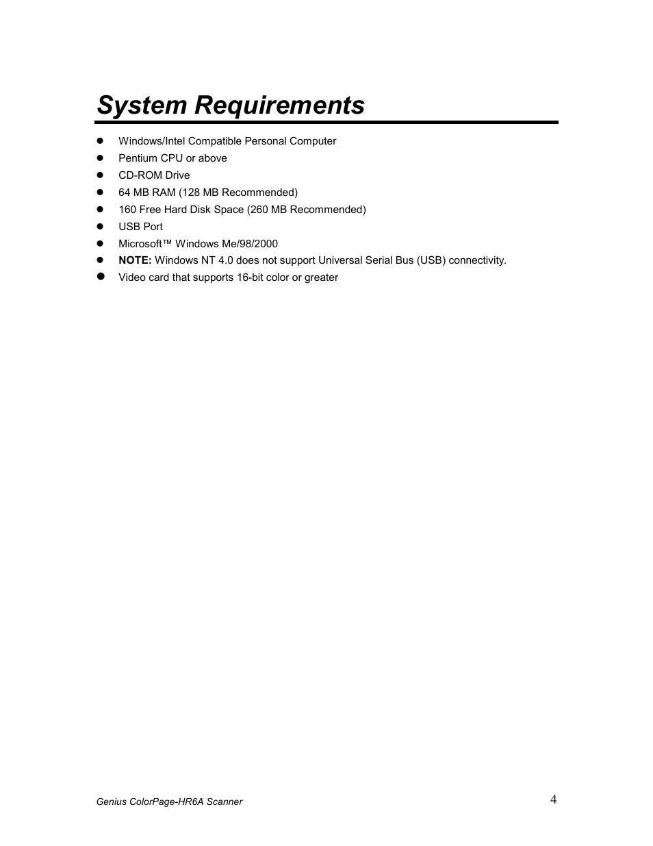 Ystem, Equirements, System requirements | GENIUS COLORPAGE HR6A User Manual | Page 6 / 33
