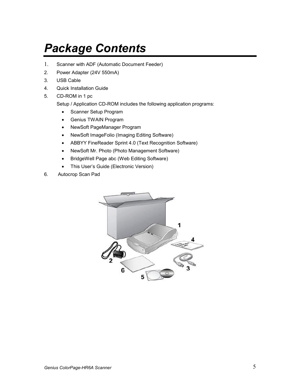 Ackage, Ontents, Package contents | GENIUS COLORPAGE HR6A User Manual | Page 7 / 33