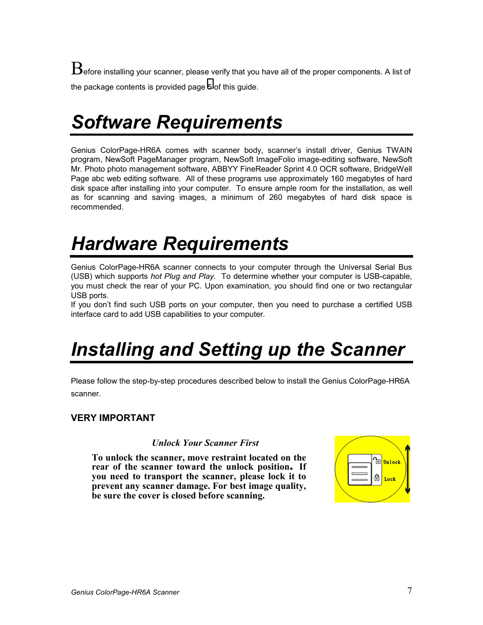 Oftware, Equirements, Ardware | Nstalling and, Etting up the, Canner, Software requirements, Hardware requirements, Installing and setting up the scanner | GENIUS COLORPAGE HR6A User Manual | Page 9 / 33