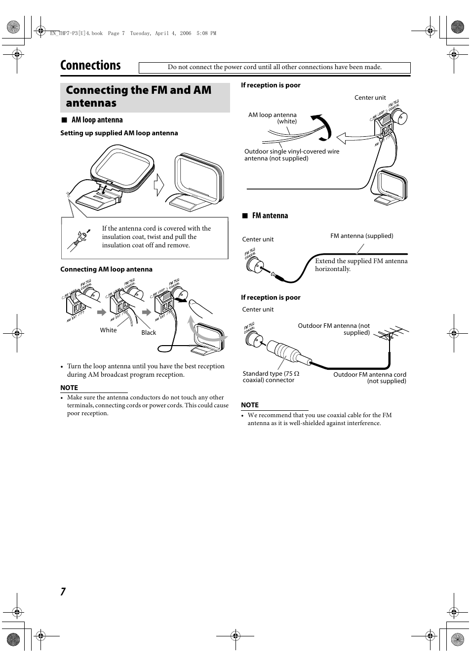 Connections, Connecting the fm and am antennas | GENIUS TH-P7 User Manual | Page 10 / 44