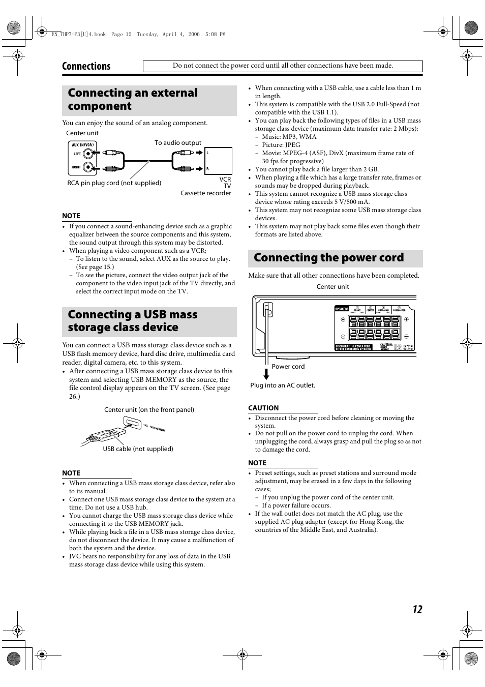 Connecting the power cord, Connections | GENIUS TH-P7 User Manual | Page 15 / 44
