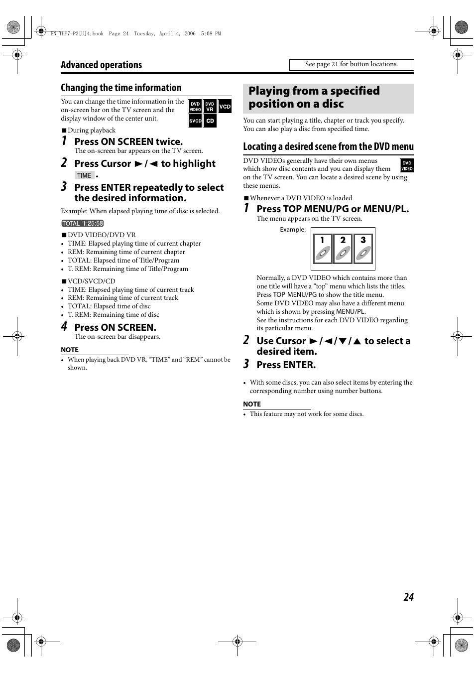Playing from a specified position on a disc, Advanced operations changing the time information, Locating a desired scene from the dvd menu | GENIUS TH-P7 User Manual | Page 27 / 44