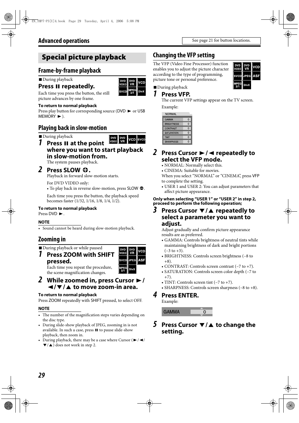 Special picture playback, Advanced operations frame-by-frame playback, Playing back in slow-motion | Zooming in, Changing the vfp setting | GENIUS TH-P7 User Manual | Page 32 / 44