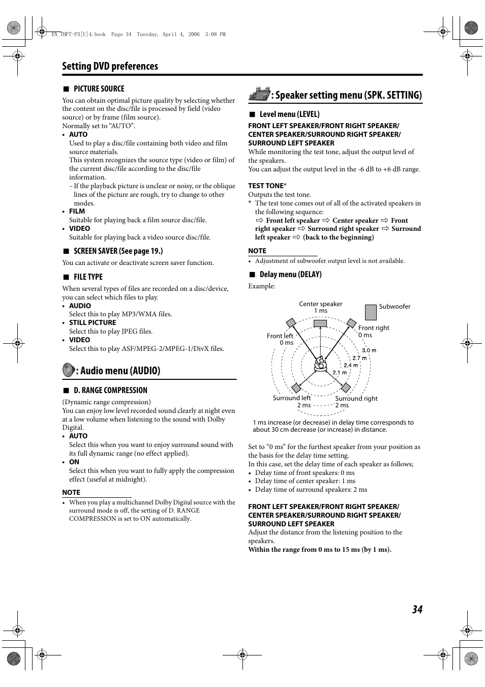 Setting dvd preferences, Audio menu (audio), Speaker setting menu (spk. setting) | GENIUS TH-P7 User Manual | Page 37 / 44