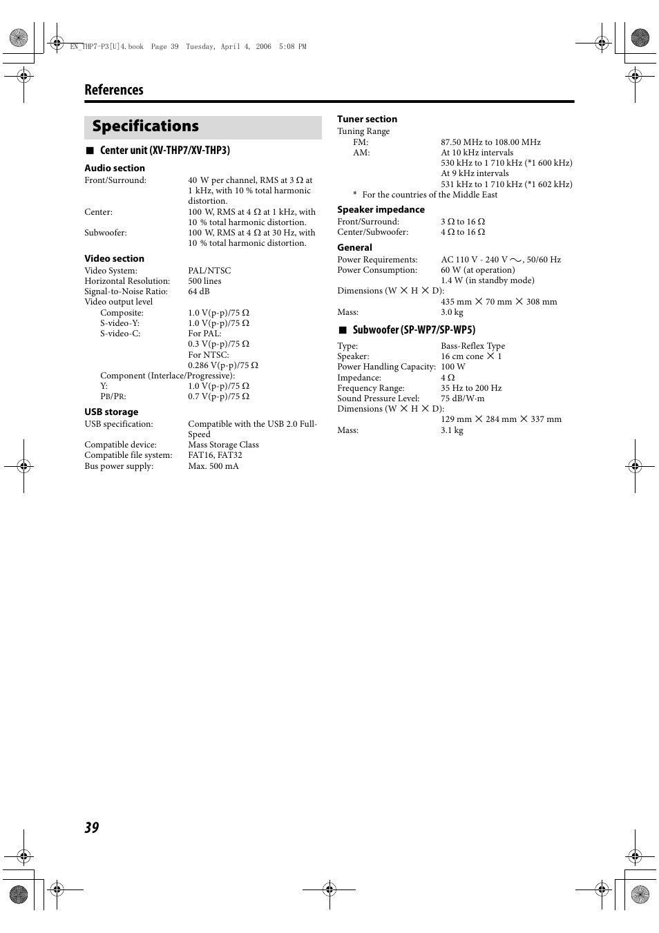 Specifications, References | GENIUS TH-P7 User Manual | Page 42 / 44