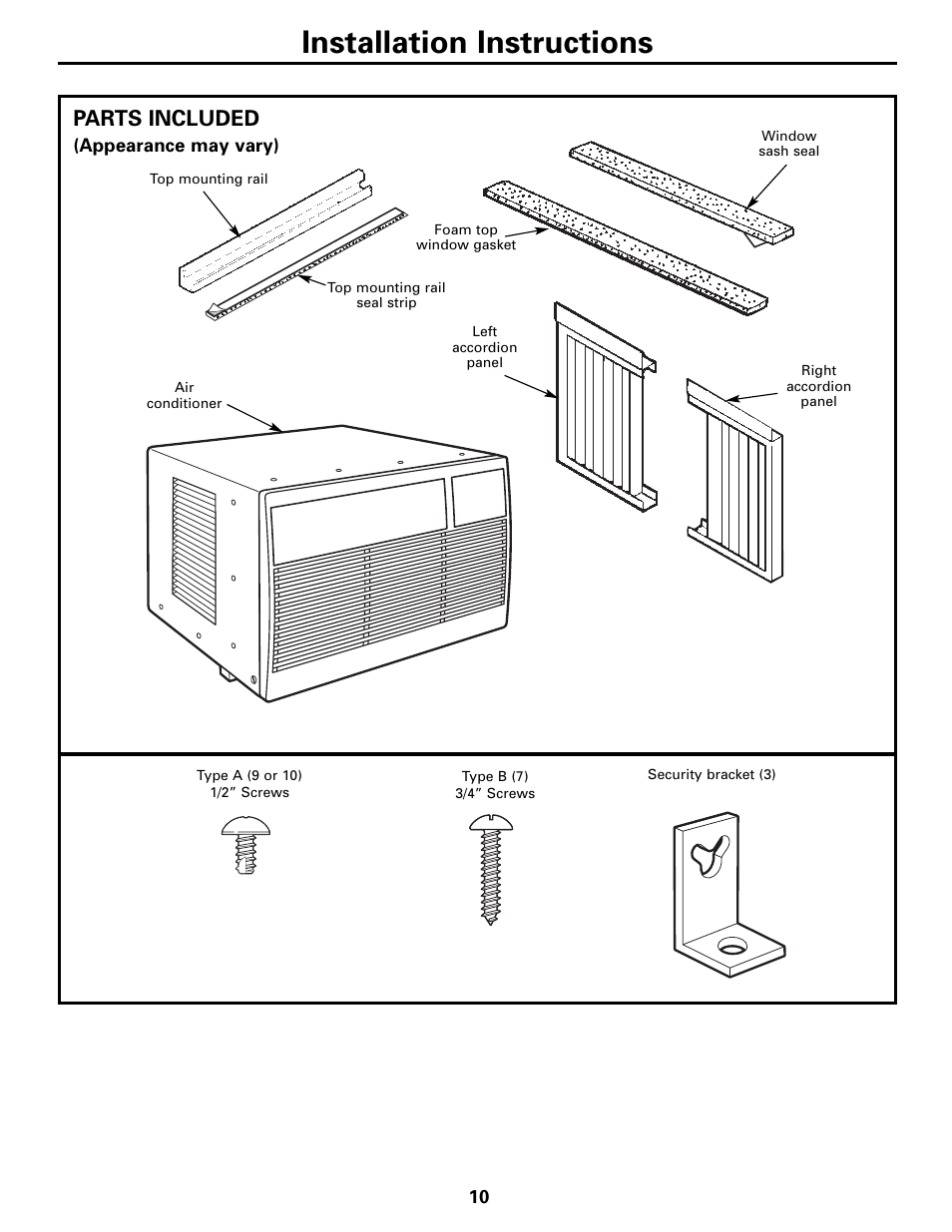 Installation instructions, Parts included | GE Money USA ASQ05 User Manual | Page 10 / 36