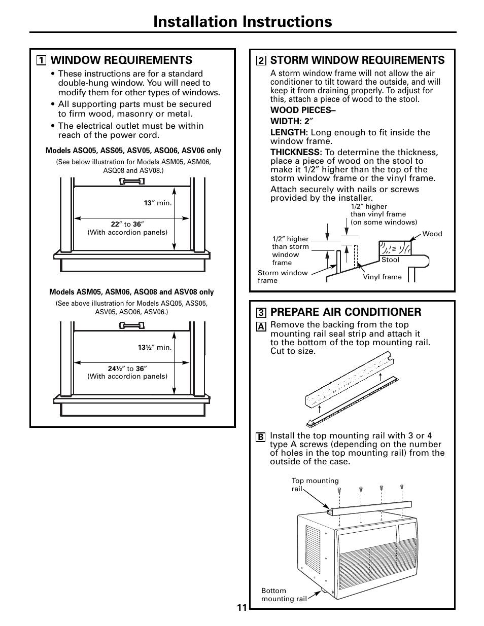 Installation instructions, Prepare air conditioner, Window requirements | Storm window requirements | GE Money USA ASQ05 User Manual | Page 11 / 36