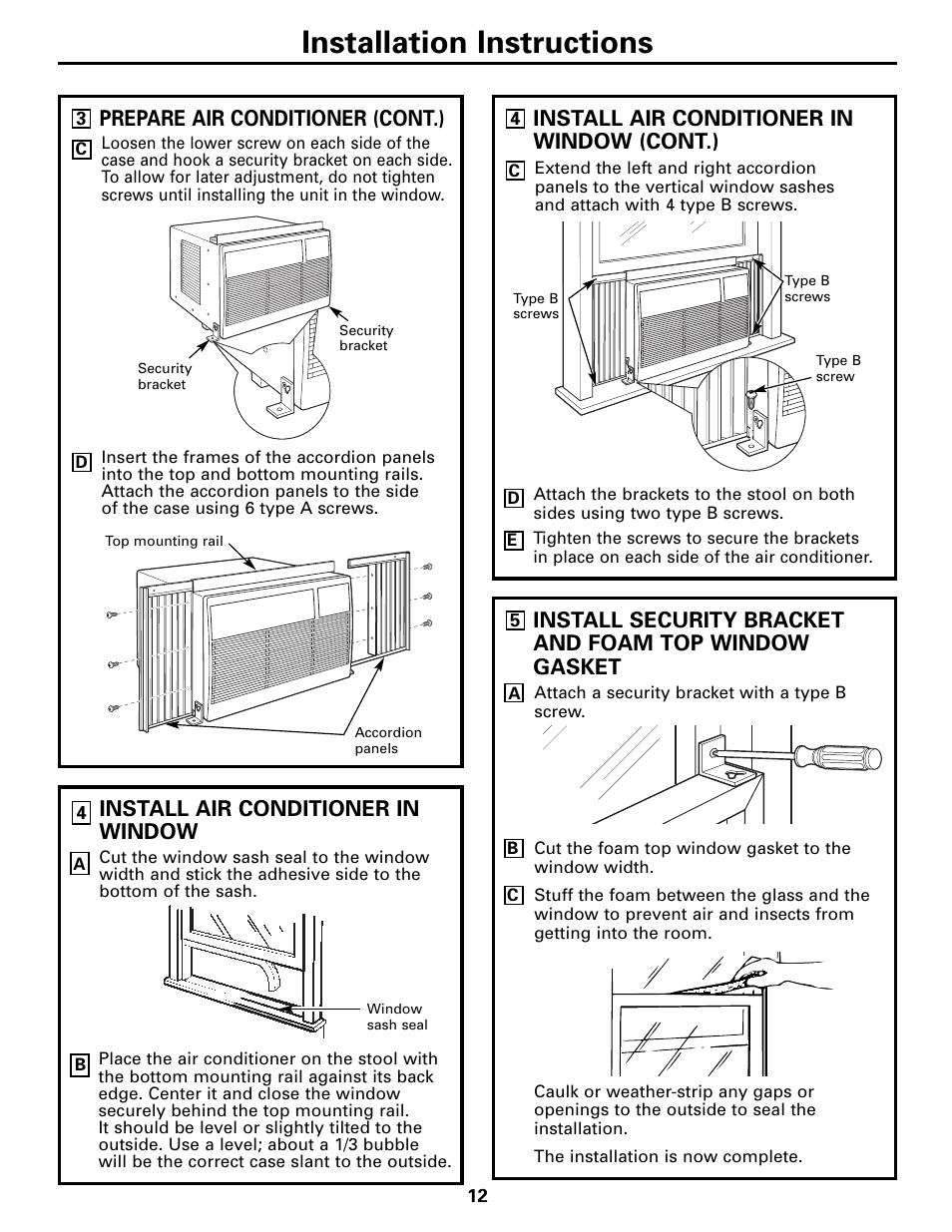 Installation instructions, Install air conditioner in window, Prepare air conditioner (cont.) | Install air conditioner in window (cont.) | GE Money USA ASQ05 User Manual | Page 12 / 36