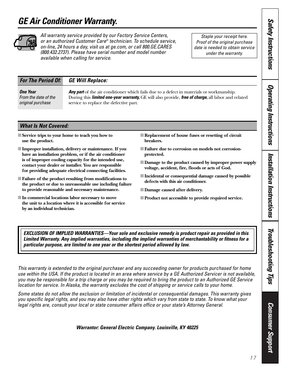 Warranty, Ge air conditioner warranty | GE Money USA ASQ05 User Manual | Page 17 / 36