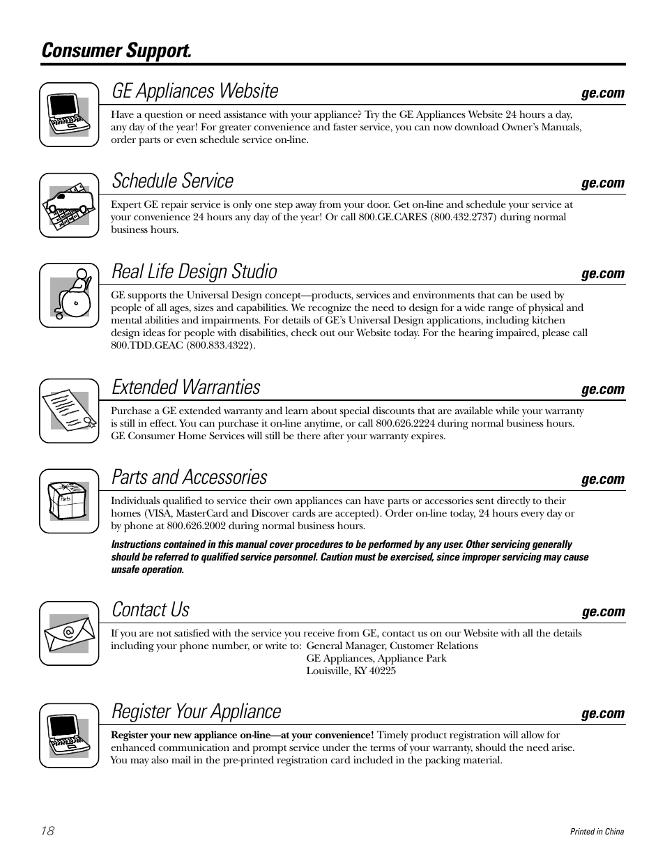 Consumer support, Consumer support. ge appliances website, Schedule service | Real life design studio, Extended warranties, Parts and accessories, Contact us, Register your appliance | GE Money USA ASQ05 User Manual | Page 18 / 36