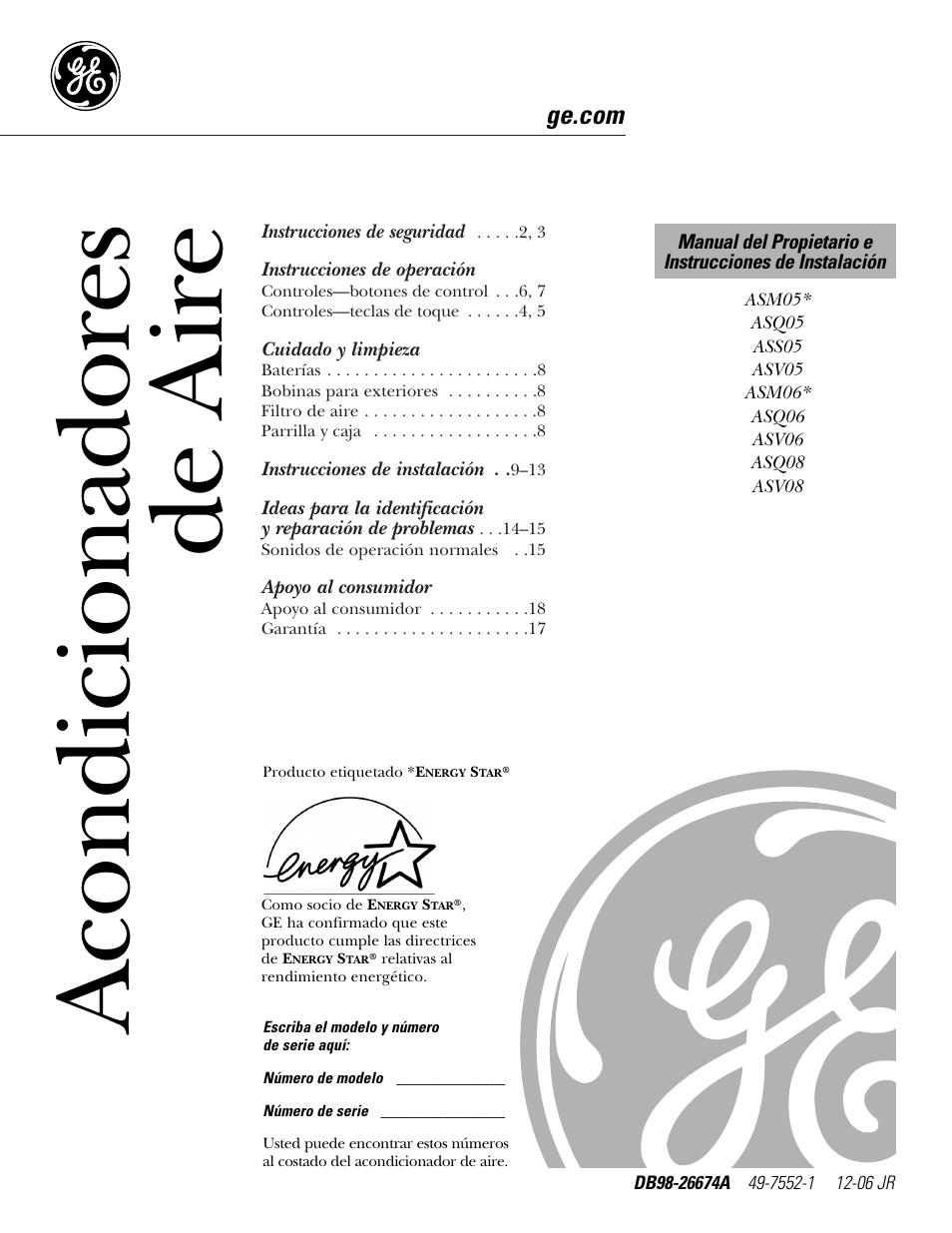 Español, Instrucciones de operación, Cuidado y limpieza | Apoyo al consumidor, Acondicionadores de a ire | GE Money USA ASQ05 User Manual | Page 19 / 36