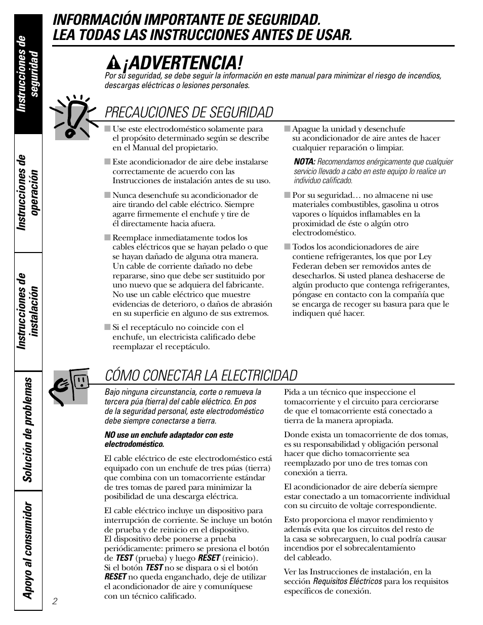 Instrucciones de seguridad, Advertencia, Precauciones de seguridad | Cómo conectar la electricidad | GE Money USA ASQ05 User Manual | Page 20 / 36