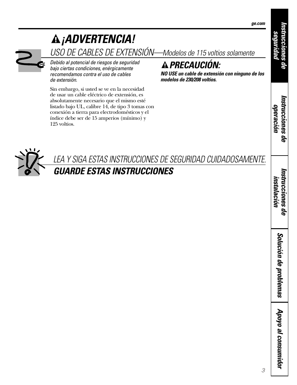 Advertencia, Precaución, Uso de cables de extensión | GE Money USA ASQ05 User Manual | Page 21 / 36