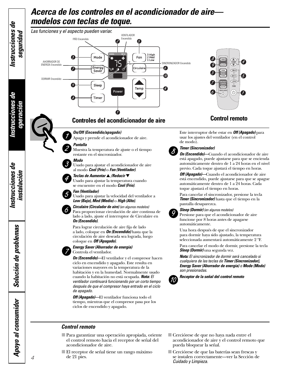 Controles—teclas de toque, Controles—teclas de toque , 5, Control remoto | Controles del acondicionador de aire | GE Money USA ASQ05 User Manual | Page 22 / 36