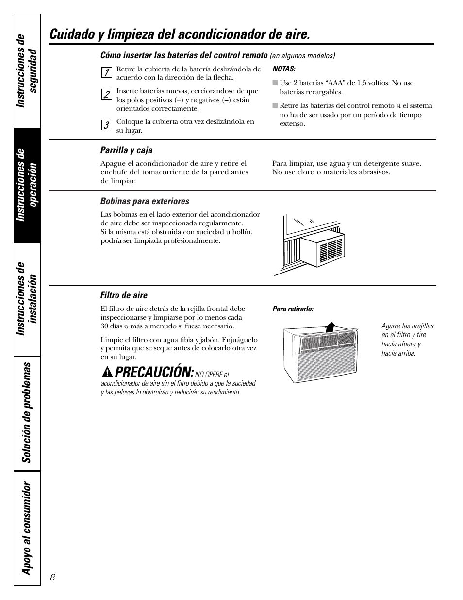 Baterías, Bobinas para exteriores, Filtro de aire | Parrilla y caja, Cuidado y limpieza del acondicionador de aire, Precaución | GE Money USA ASQ05 User Manual | Page 26 / 36