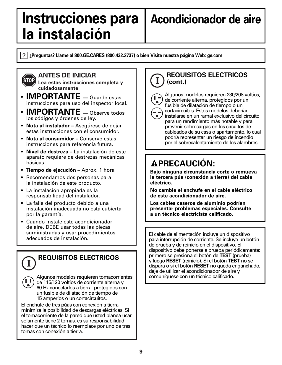 Instrucciones de instalación, Instrucciones para, La instalación | Acondicionador de aire, Importante, Precaución | GE Money USA ASQ05 User Manual | Page 27 / 36