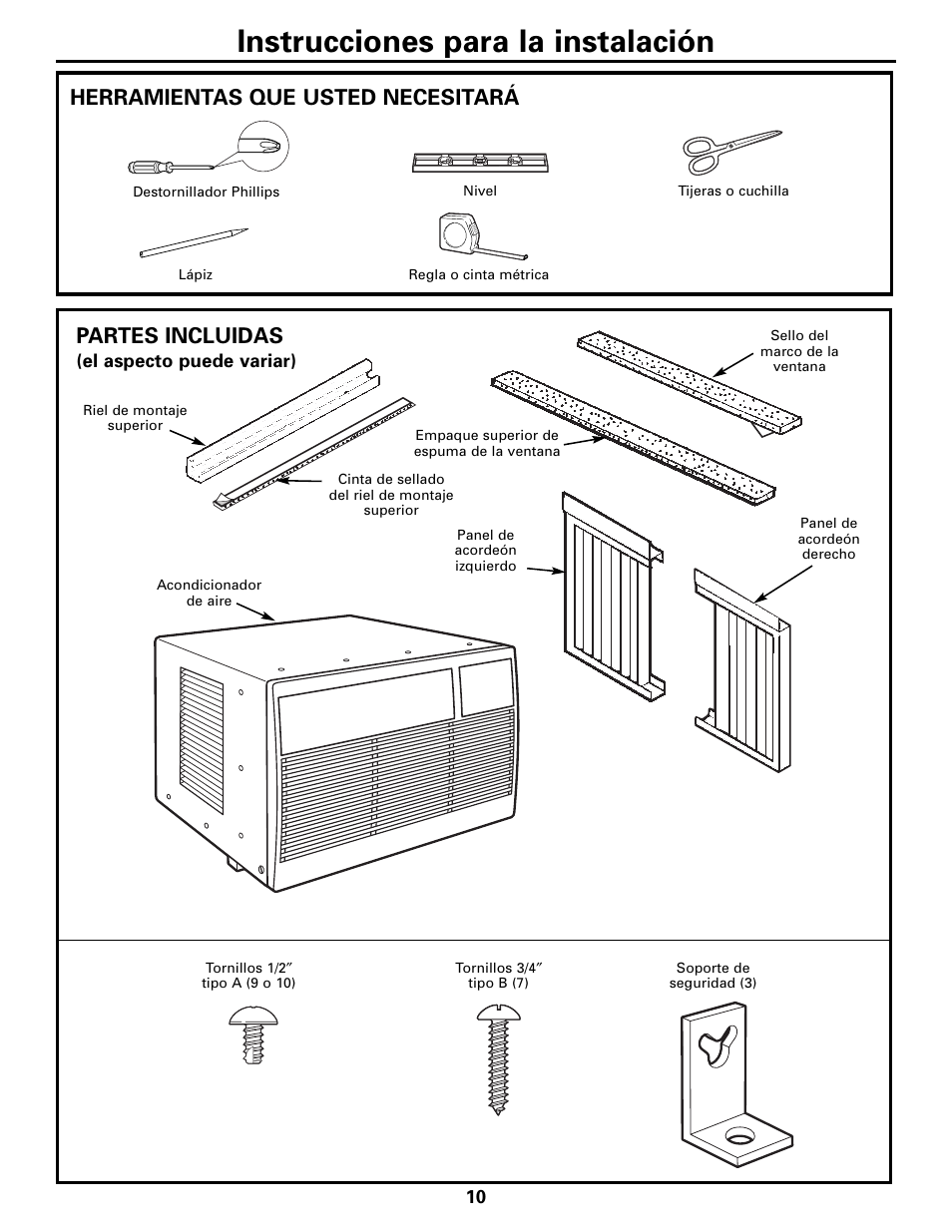 Instrucciones para la instalación, Partes incluidas, Herramientas que usted necesitará | GE Money USA ASQ05 User Manual | Page 28 / 36