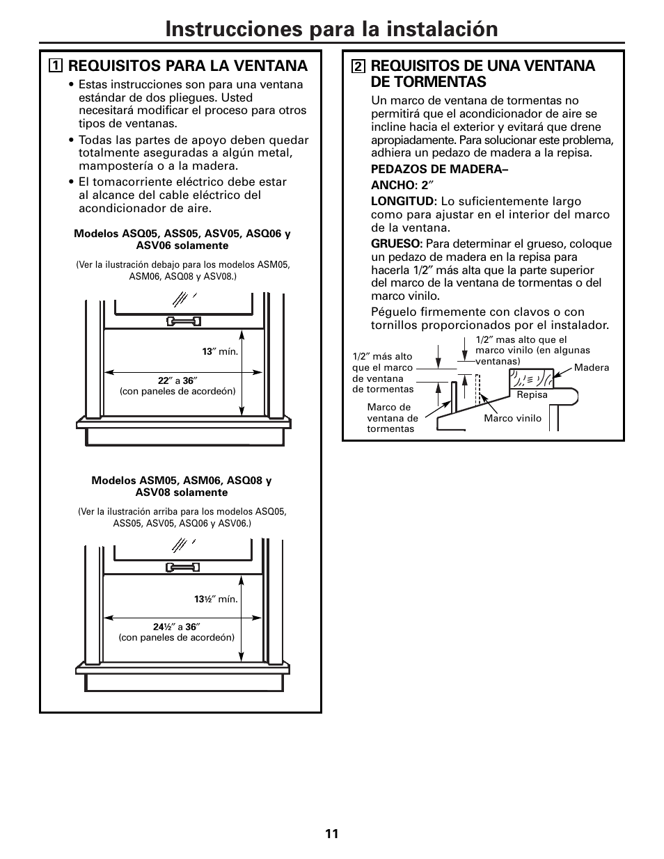 Instrucciones para la instalación, Requisitos para la ventana, Requisitos de una ventana de tormentas | GE Money USA ASQ05 User Manual | Page 29 / 36